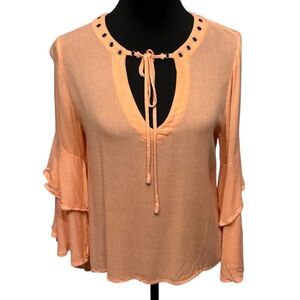 Entro Orange Tie Front Ruffled Blouse. Boho Festival Vibrant
